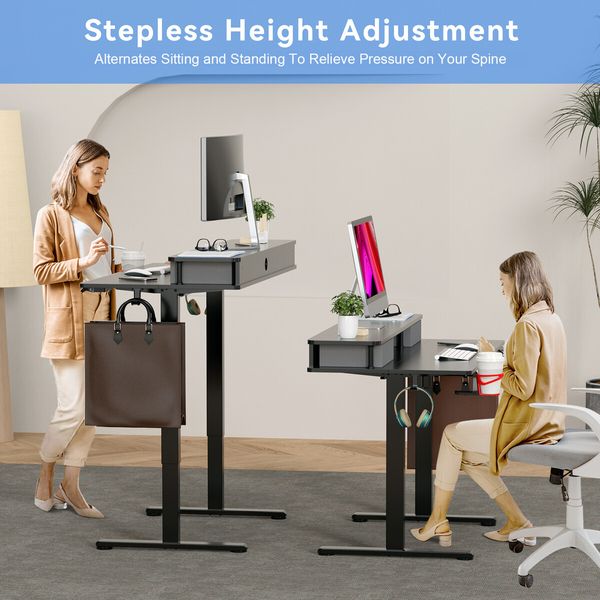 Electric Standing Desk Computer Sit Stand Up Table Height Adjustable LED RGB Light Storage Drawers Motorised Monitor Shelf Black