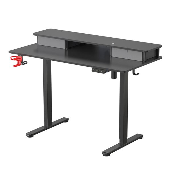 Electric Standing Desk Computer Sit Stand Up Table Height Adjustable LED RGB Light Storage Drawers Motorised Monitor Shelf Black