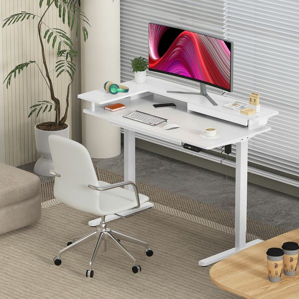 White Standing Desk Electric Sit Stand Up Table Height Adjustable LED RGB Light Computer Motorised Monitor Shelf Storage Drawer