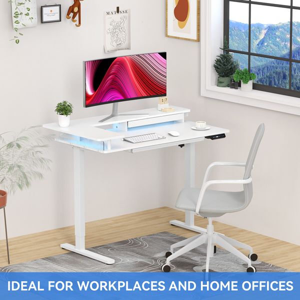 White Standing Desk Electric Sit Stand Up Table Height Adjustable LED RGB Light Computer Motorised Monitor Shelf Storage Drawer