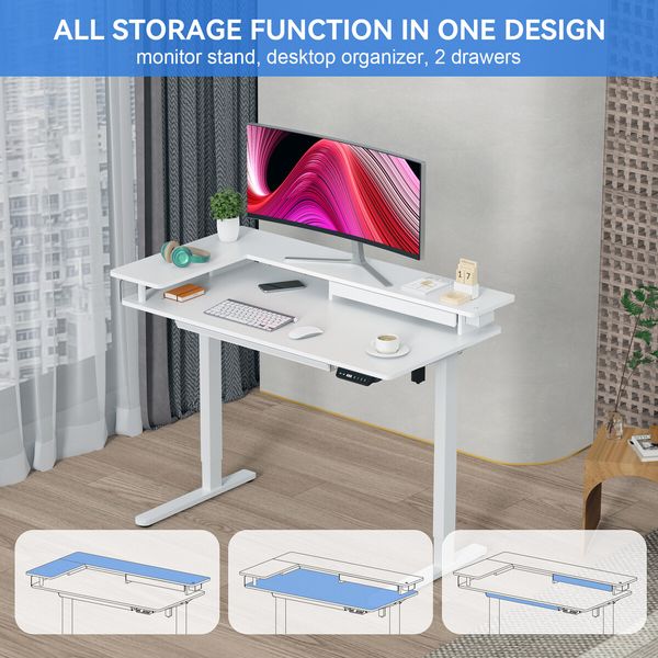 White Standing Desk Electric Sit Stand Up Table Height Adjustable LED RGB Light Computer Motorised Monitor Shelf Storage Drawer