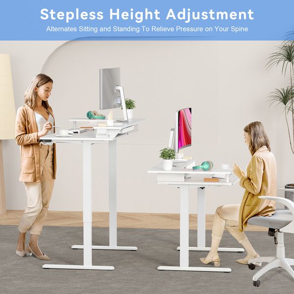 White Standing Desk Electric Sit Stand Up Table Height Adjustable LED RGB Light Computer Motorised Monitor Shelf Storage Drawer