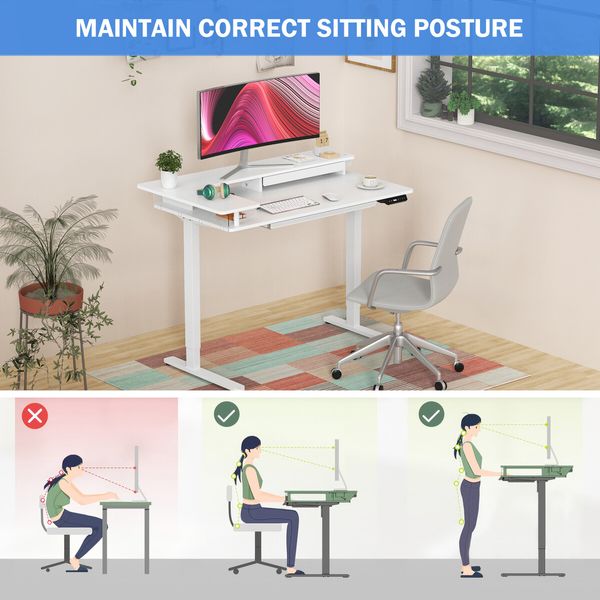 White Standing Desk Electric Sit Stand Up Table Height Adjustable LED RGB Light Computer Motorised Monitor Shelf Storage Drawer