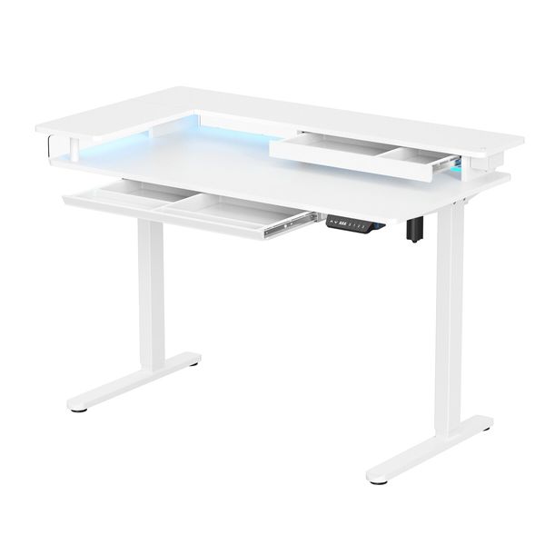 White Standing Desk Electric Sit Stand Up Table Height Adjustable LED RGB Light Computer Motorised Monitor Shelf Storage Drawer