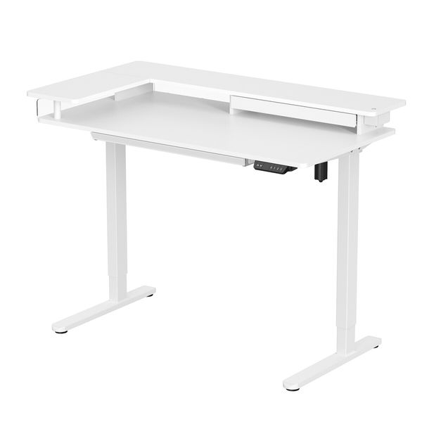 White Standing Desk Electric Sit Stand Up Table Height Adjustable LED RGB Light Computer Motorised Monitor Shelf Storage Drawer