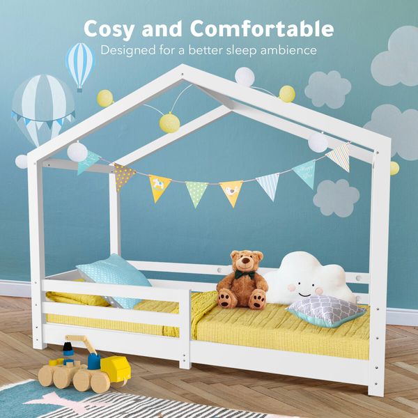 Single Size Bed Frame House Shape Childrens Mattress Base Floor Wooden Bedroom Furniture Platform Foundation with Guard Rail