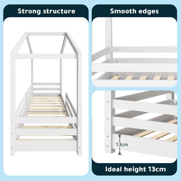 Single Size Bed Frame House Shape Childrens Mattress Base Floor Wooden Bedroom Furniture Platform Foundation with Guard Rail