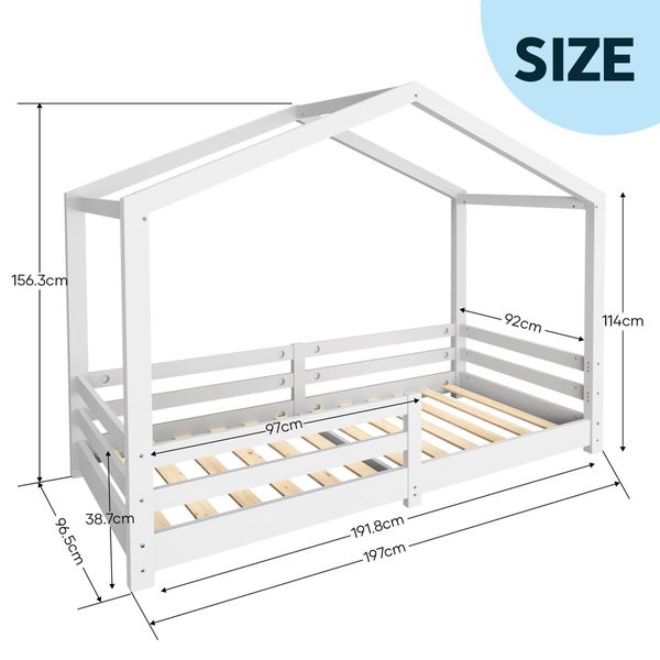 Single Size Bed Frame House Shape Childrens Mattress Base Floor Wooden Bedroom Furniture Platform Foundation with Guard Rail