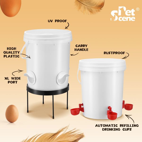 Chicken Bird Feeder Waterer Automatic Water Food Dispenser Auto Chook Hen Chick Poultry Drinker Cup PVC Feeding Port 20L