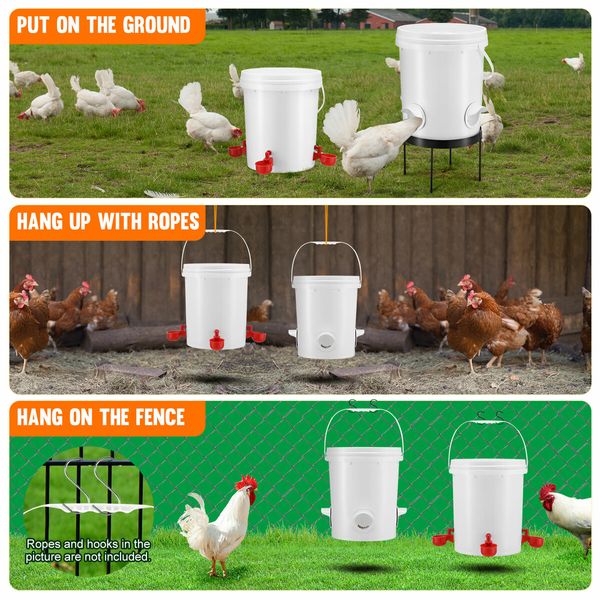 Chicken Bird Feeder Waterer Automatic Water Food Dispenser Auto Chook Hen Chick Poultry Drinker Cup PVC Feeding Port 20L