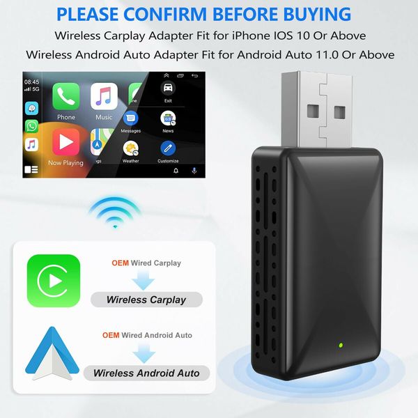 2 in 1 Android Auto Wireless Adapter & Wireless CarPlay Adapter,Car Dongle Converts Wired to Wireless Carplay 5Ghz WiFi Fast Auto Connect,Online Update