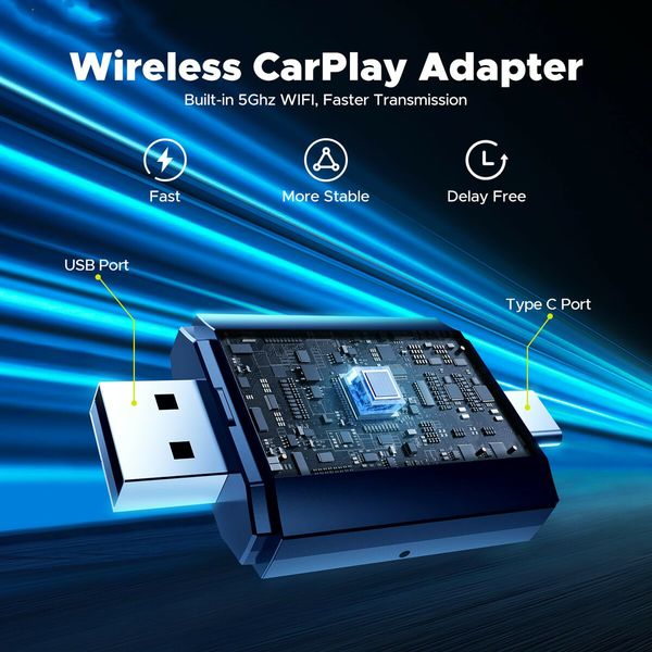 2 in 1 Wireless Carplay Adapter for Android Auto Adapter, Convert Wired CarPlay to Wireless CarPlay,  Quick Auto Reconnect, Type-C/USB, Plug & Play