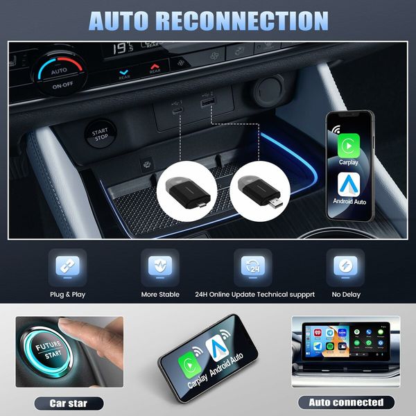 2 in 1 Wireless Carplay Adapter for Android Auto Adapter, Convert Wired CarPlay to Wireless CarPlay,  Quick Auto Reconnect, Type-C/USB, Plug & Play