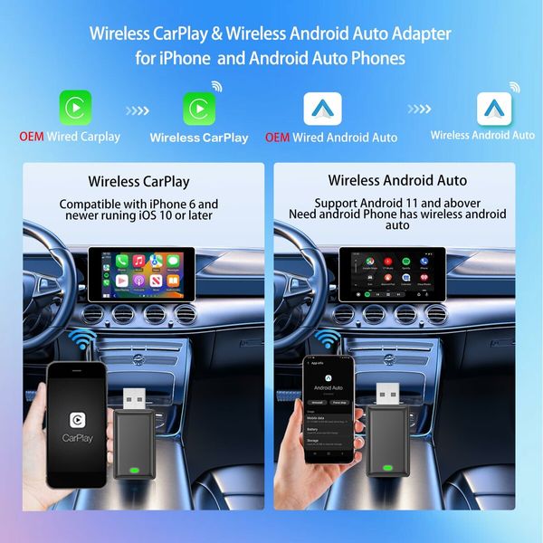 CarPlay Wireless Adapter for iPhone and Android Auto Wired to Wireless Connection Plug and Play for OEM Systems