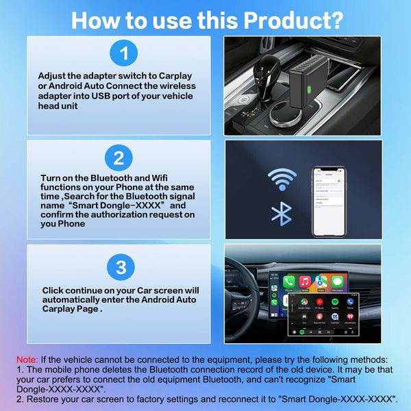 CarPlay Wireless Adapter for iPhone and Android Auto Wired to Wireless Connection Plug and Play for OEM Systems