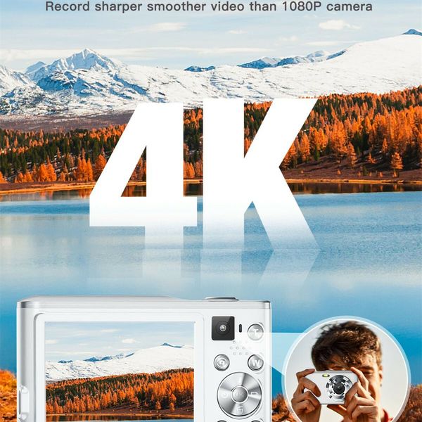 4K Digital Camera, 48MP Autofocus Kids Camera Selfie with Front and Rear Dual Lenses, 32GB Card,16X Digital Zoom, Compact Travel Vlogging Video(White)