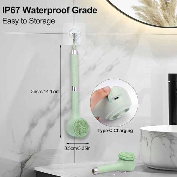 Electric Body Brush with 6 Large Brush Heads, Rechargeable Shower Brush with Long Handle, 3 Gear Setting Deep Cleansing Bath Brush for Back, Green
