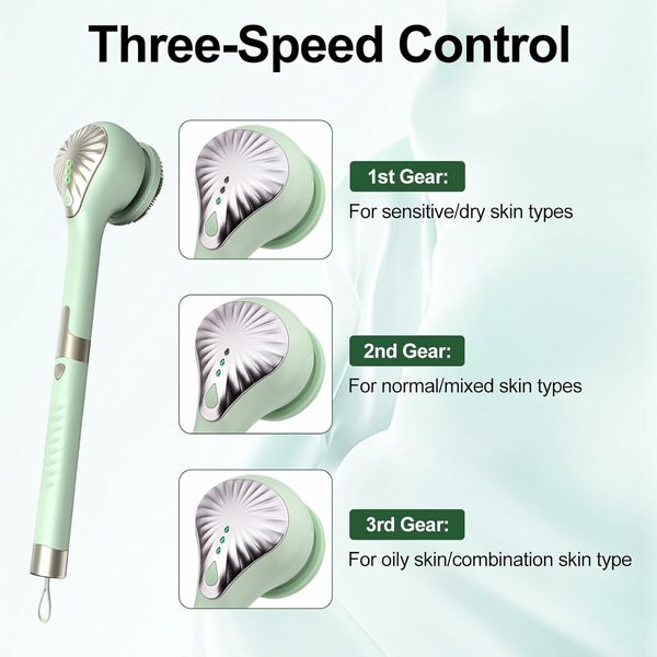 Electric Body Brush with 6 Large Brush Heads, Rechargeable Shower Brush with Long Handle, 3 Gear Setting Deep Cleansing Bath Brush for Back, Green