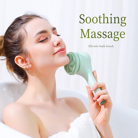 Electric Body Brush with 6 Large Brush Heads, Rechargeable Shower Brush with Long Handle, 3 Gear Setting Deep Cleansing Bath Brush for Back, Green