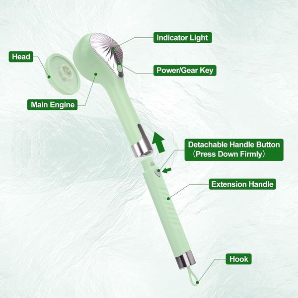 Electric Body Brush with 6 Large Brush Heads, Rechargeable Shower Brush with Long Handle, 3 Gear Setting Deep Cleansing Bath Brush for Back, Green