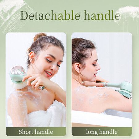 Electric Body Brush with 6 Large Brush Heads, Rechargeable Shower Brush with Long Handle, 3 Gear Setting Deep Cleansing Bath Brush for Back, Green