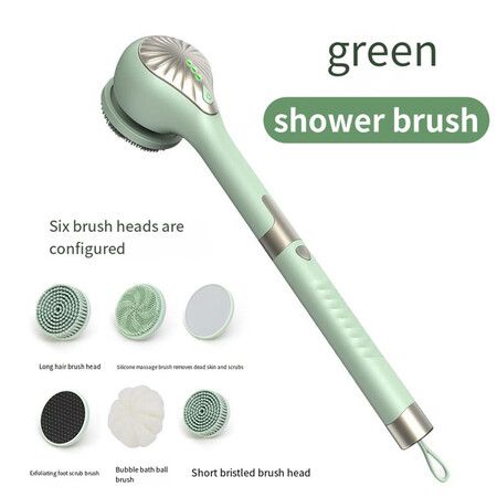 Electric Body Brush with 6 Large Brush Heads, Rechargeable Shower Brush with Long Handle, 3 Gear Setting Deep Cleansing Bath Brush for Back, Green