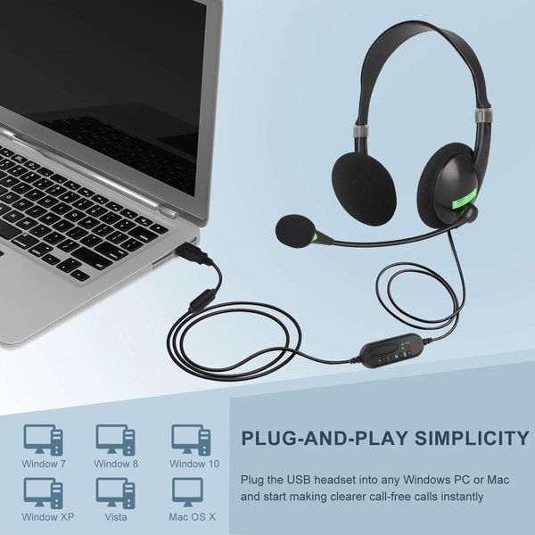 USB Headset with Microphone Noise Cancelling Stereo Wired Audio Control for Laptop PC Work From Home Office