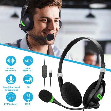 USB Headset with Microphone Noise Cancelling Stereo Wired Audio Control for Laptop PC Work From Home Office