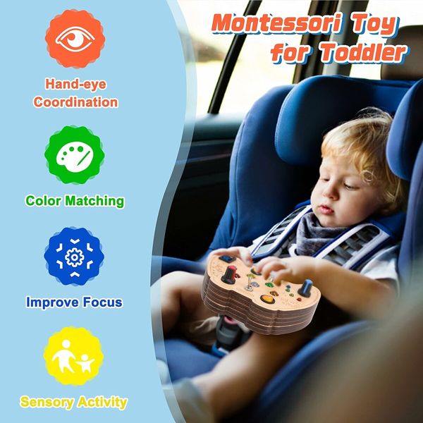 Montessori Activity Board for Kids, Wooden Sensory Toy with LED Light Switch, Educational Travel Toys