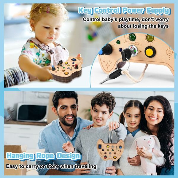 Montessori Activity Board for Kids, Wooden Sensory Toy with LED Light Switch, Educational Travel Toys