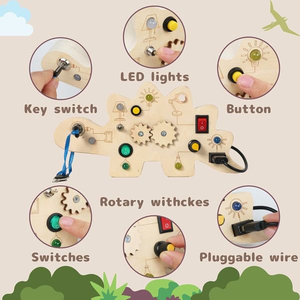 Wooden LED Light Activity Board for Kids Ages 3+, Sound Buttons, Montessori Toys for Kids, Wooden Sensory Toys for Learning Activities, Travel Toys