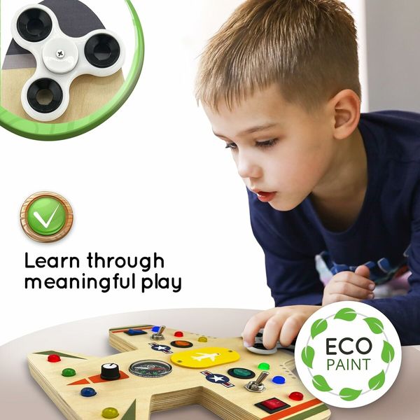 Montessori Busy Board for Kids – Wooden Educational Toy with Lights, Switches, Compass, Relay, Spinner – Sensory Board – Motor Skills Learning Activities