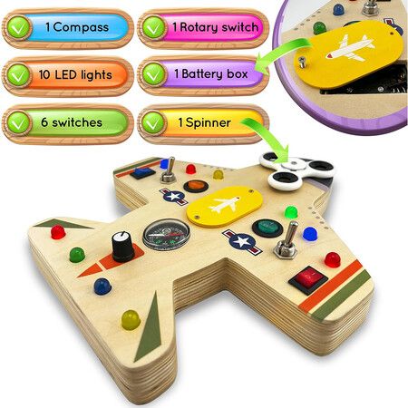 Montessori Busy Board for Kids – Wooden Educational Toy with Lights, Switches, Compass, Relay, Spinner – Sensory Board – Motor Skills Learning Activities