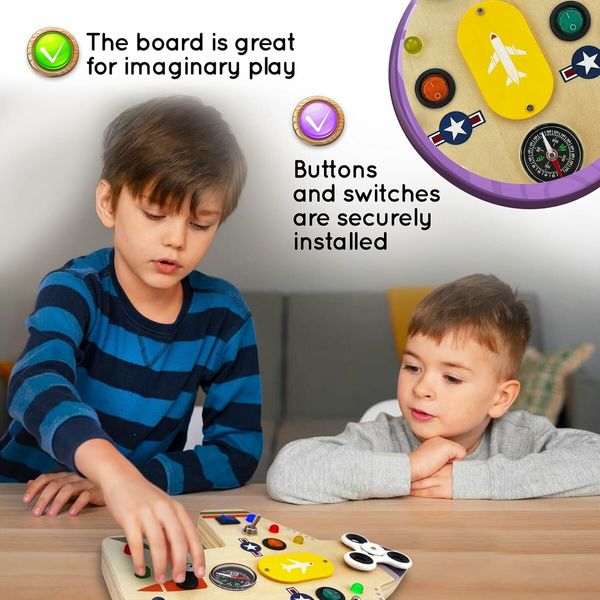 Montessori Busy Board for Kids – Wooden Educational Toy with Lights, Switches, Compass, Relay, Spinner – Sensory Board – Motor Skills Learning Activities