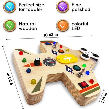 Montessori Busy Board for Kids – Wooden Educational Toy with Lights, Switches, Compass, Relay, Spinner – Sensory Board – Motor Skills Learning Activities