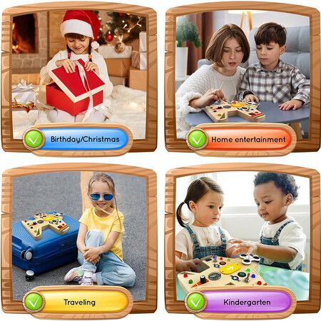 Montessori Busy Board for Kids – Wooden Educational Toy with Lights, Switches, Compass, Relay, Spinner – Sensory Board – Motor Skills Learning Activities