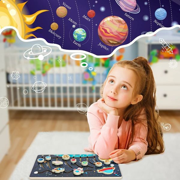 Movable Solar System Puzzle for Kids Ages 3-6, Wooden Space Toys for Children Planets for Learning Activities, Gift for Boys and Girls