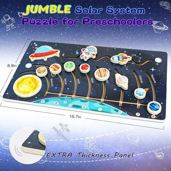 Movable Solar System Puzzle for Kids Ages 3-6, Wooden Space Toys for Children Planets for Learning Activities, Gift for Boys and Girls