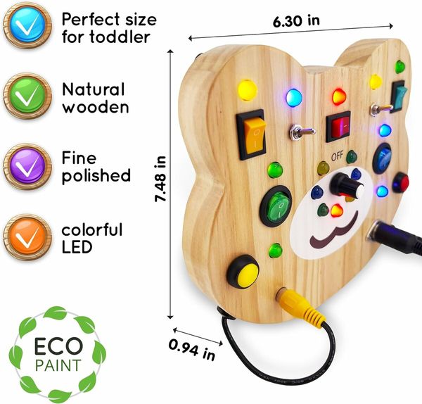 Montessori Busy Board for Kids, Educational Wooden Toy with Lights, Switches and Buttons, Sensory Board, Preschool Motor Skills Learning Activities