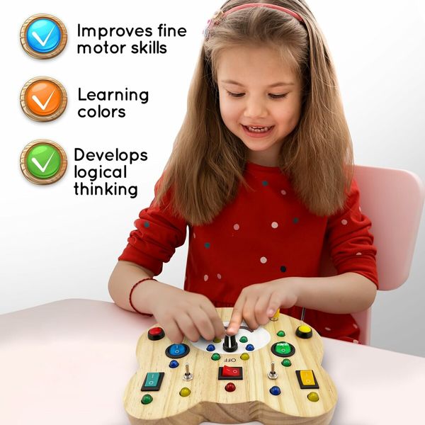 Montessori Busy Board for Kids, Educational Wooden Toy with Lights, Switches and Buttons, Sensory Board, Preschool Motor Skills Learning Activities