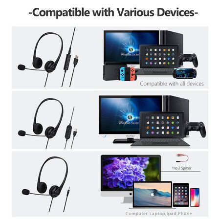 Wired PC Headset with Noise Cancelling Mics USB Teaching Office Home Network Class Student Education