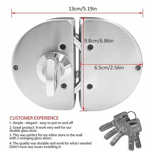 304 Stainless Steel Commercial Durable Metal Chrome 10 mm -12 mm Glass Door Double Swing Hinged Frameless Push Sliding Gate Lock with 3 Keys