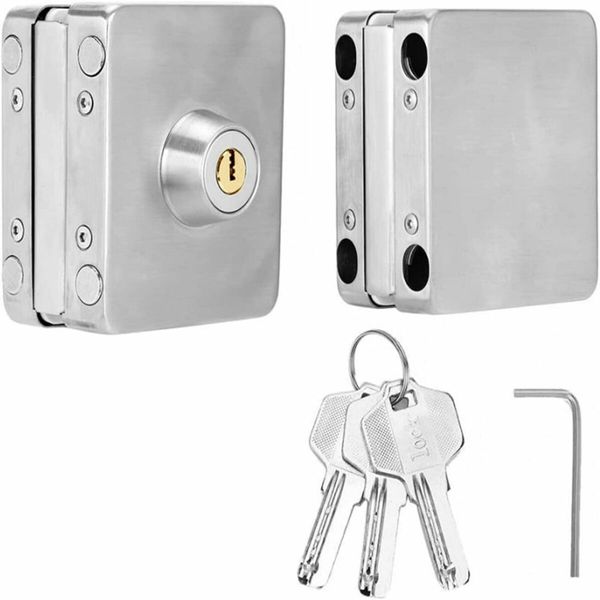 304 Stainless Steel  Metal Chrome Steel 10 mm -12 mm Sliding Glass Door Security Lock Swing Hinged Frameless Push Gate Lock with 3 Keys (Square)