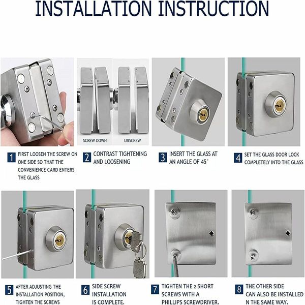 304 Stainless Steel  Metal Chrome Steel 10 mm -12 mm Sliding Glass Door Security Lock Swing Hinged Frameless Push Gate Lock with 3 Keys (Square)