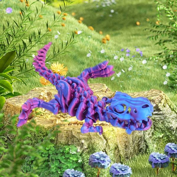 3D Printed Dragon with Articulated Bones 23cm  Fidget Toys Decor for Stress Relief Red blue green gradient