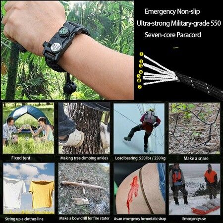 2p Paracord Survival Bracelet Survival Kit Practical Fire Starter Waterproof SOS Light Compass Whistle Adjustable Outdoor Ultimate Tactical Gift for Teens