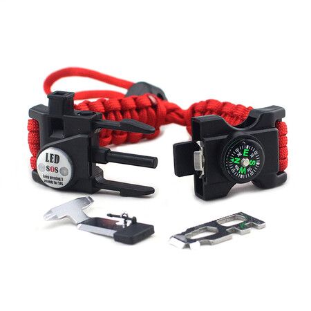 2p Paracord Survival Bracelet Survival Kit Practical Fire Starter Waterproof SOS Light Compass Whistle Adjustable Outdoor Ultimate Tactical Gift for Teens