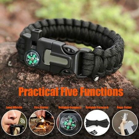 3p Paracord Survival Bracelet Survival Kit Practical Five Functions Fire Starter Loud Whistle Reliable Compass Rope Cutter Outdoor Gear Black Camo Orange