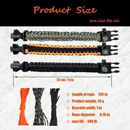 3p Paracord Survival Bracelet Survival Kit Practical Five Functions Fire Starter Loud Whistle Reliable Compass Rope Cutter Outdoor Gear Black Camo Orange