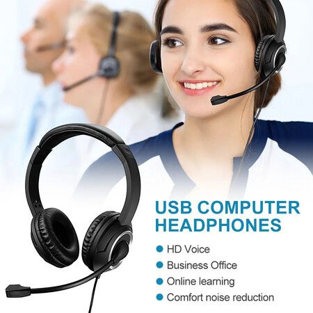 Wired USB Headset Headphones For Computer PC Laptop with Microphone Noise Cancelling Call Center Gaming Over-Ear Headsets